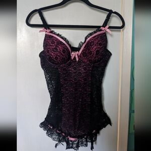 Women's Retro Pink Black Lace Bows Teddy Babydoll Lingerie Garter Coquette Sexy